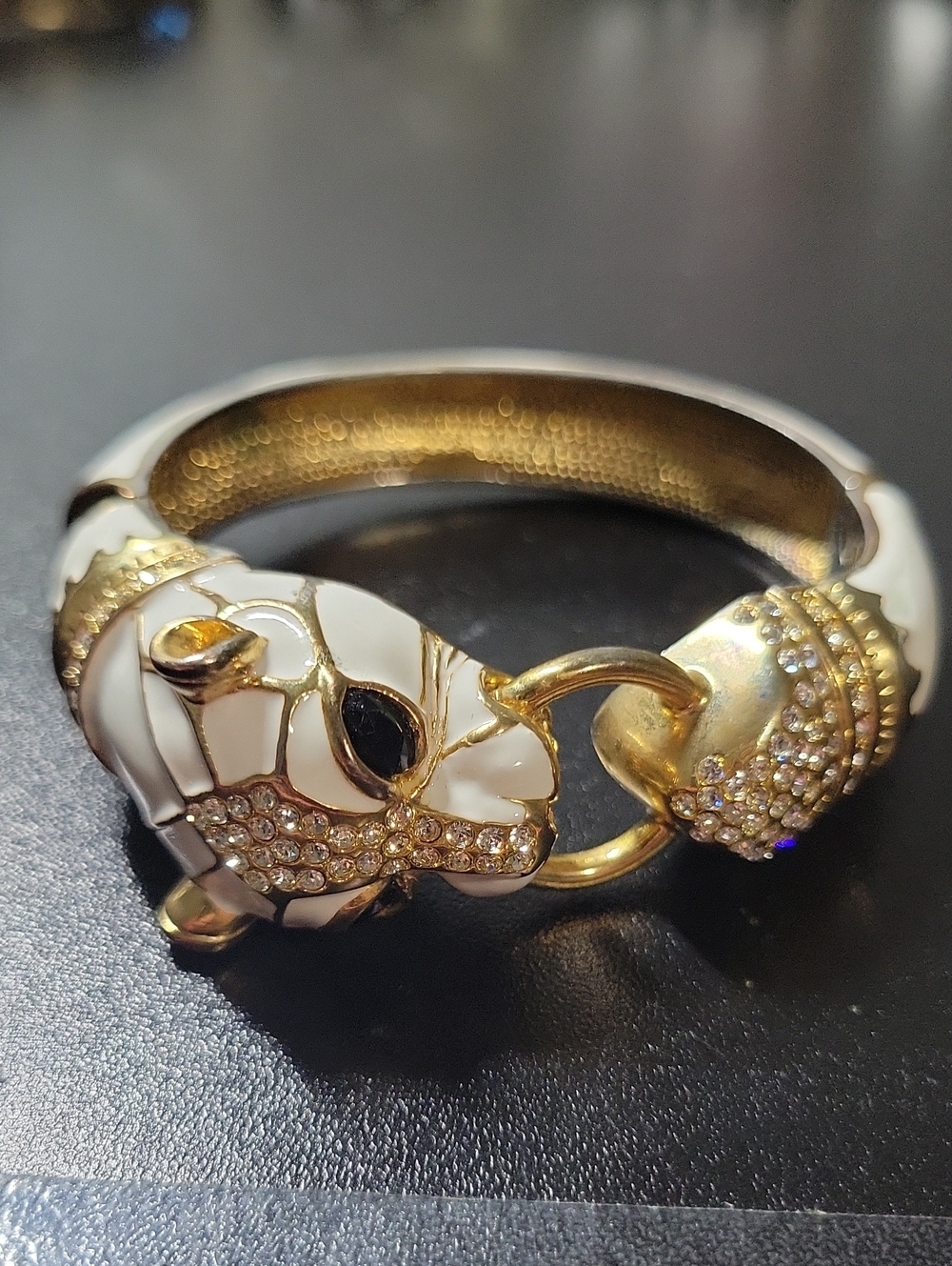 Gold-Tone White Enamel Pavé Crystal Cat Bangle Bracelet